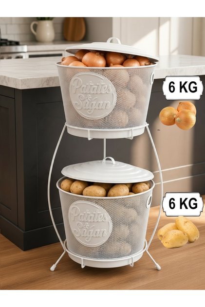 Mega Boy Wire Braided Metal 2-Layer Potato and Onion Storage Container - with Handle - White
