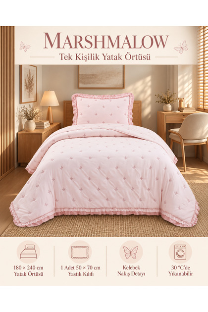 Marshmallow Ruffled Bedspread Set (Single / 180x240) BUTTERFLY PATTERN, POWDER