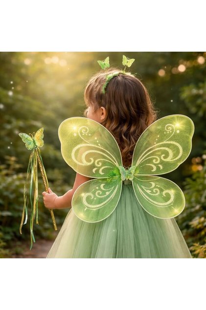 Yeşil Renk Tinker Bell Kelebek Gösteri Kanat Set 50 cm 3 lü Set Kanat Asa Taç