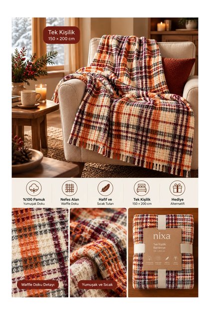 Scottish Plaid Patterned Tasseled Single Blanket Beige Brown 150X200 cm