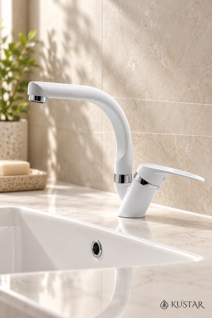 Tyal White Short Open-Close Mix Bathroom Sink Faucet