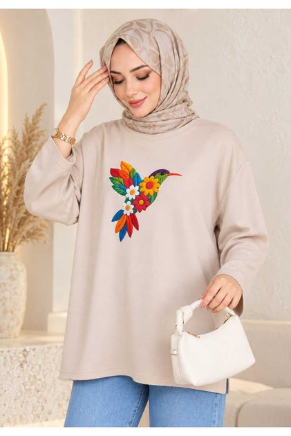 Women's Beige Oversized Modest Tunic Sweatshirt with Bird Print