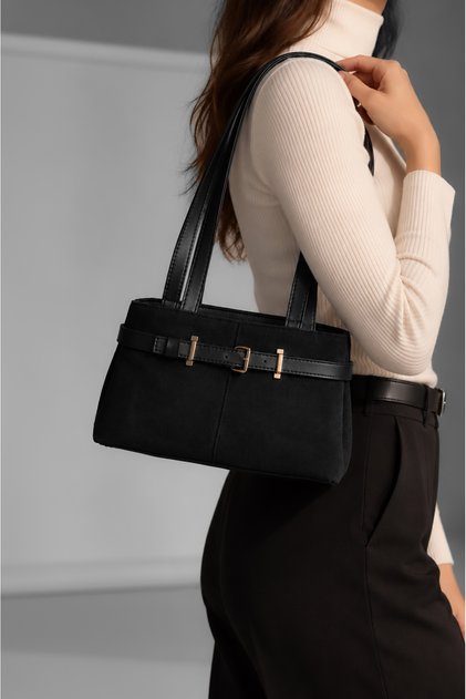 Women's Black Suede Belt Detail Lined Zip Shoulder Bag