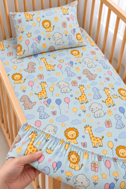 100% Cotton Bedside Crib Sheet Set with Cute Animal Design and Elastic - Includes 2 Baby Pillowcases - 60X120, 70X110, 70X120 - Suitable for Cribs and Beds.
