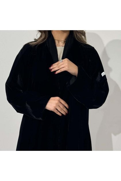 Velvet Abaya with Embroidered Feather Sleeves.