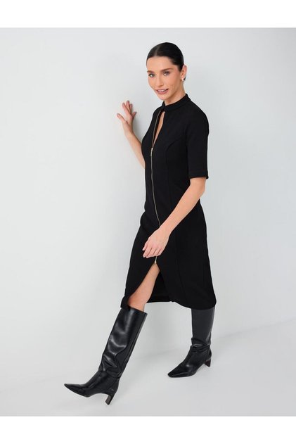 Black Midi Dress with a Mock Neck, Slim Fit, and Zip Detail