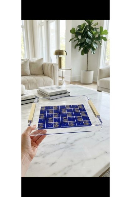 Plain-handled serving dish with a blue checkered pattern