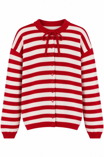 Red Collar, Tie-Detail, Striped Cardigan - 10203