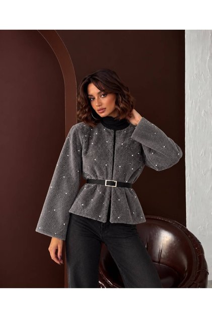 Soft Women's Short Cashmere Melton Coat with Pearl-Embellished Lining and Belt