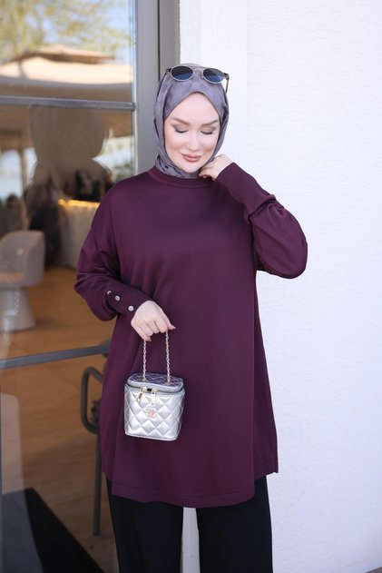 Plum Button Cuff Cold Yarn Knitwear Tunic