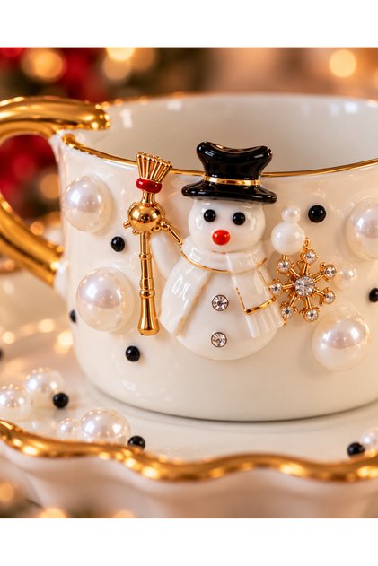 New Year's Gift: Turkish Coffee Cup and Serving Saucer with Snowman Figurine, Pearls, and Gold Accents