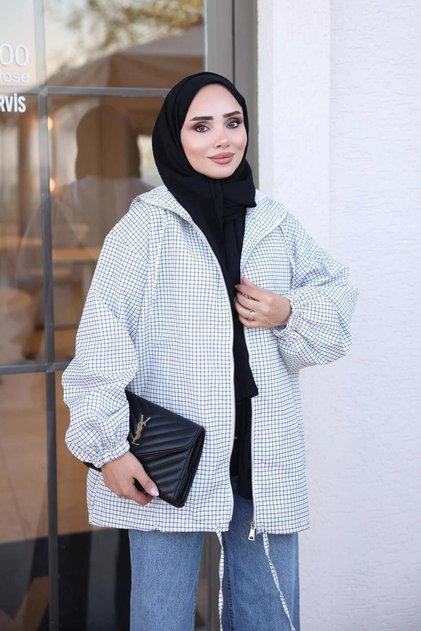 White Hooded Zippered Checked Raincoat
