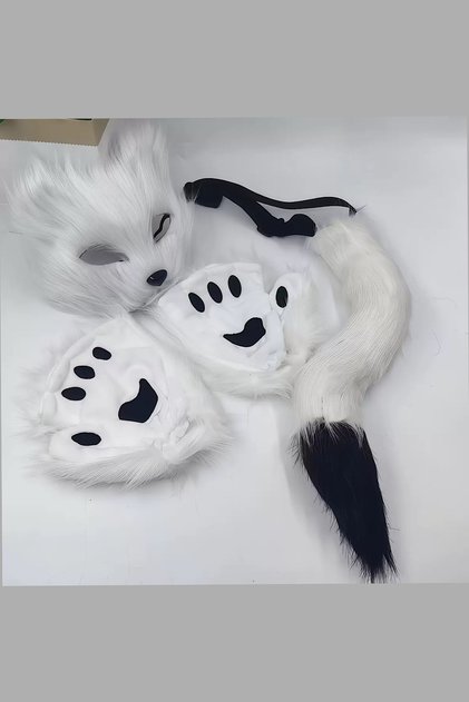 Halloween Parti Kostüm Tilki Maske Kuyruk Eldiven Set beyaz