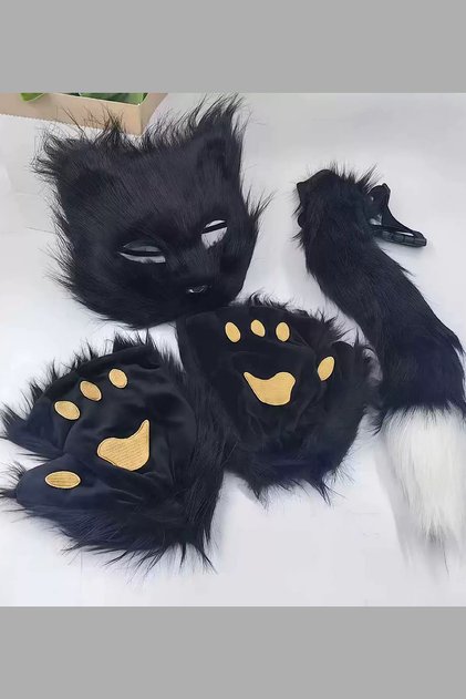 Halloween Parti Kostüm Tilki Maske Kuyruk Eldiven Set siyah