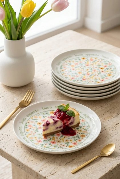 Lily 6-Piece 21 cm Premium Porcelain Dessert Plate Set with Green and Pink Floral Print - Modern Dessert