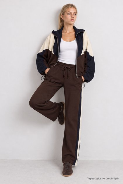 Contrast-Paneled Modal Parachute-Style Top and Bottom Set LBY0115 BROWN