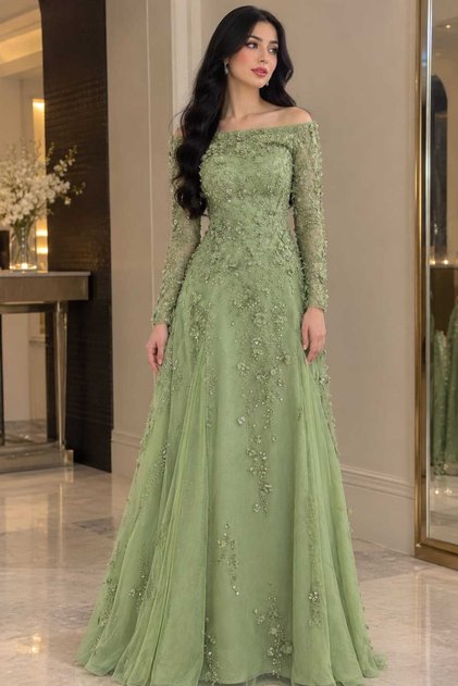 Green Pea Green Evening Dress with Flower and Bead Embroidery