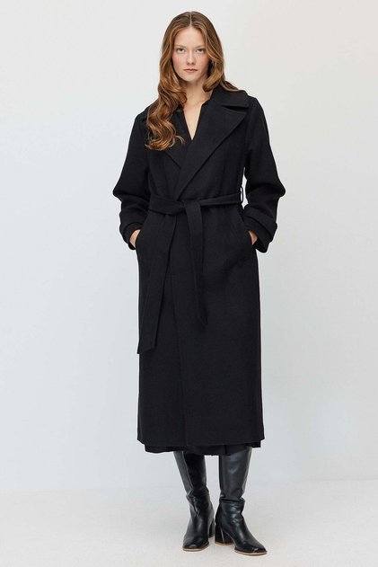 Women's belted wide-collar long cashmere melton coat