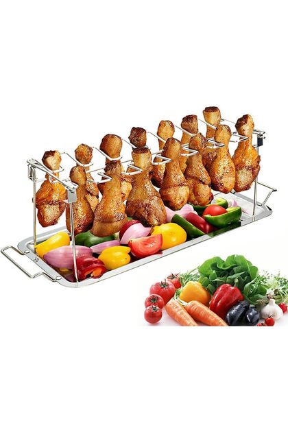 Chicken Leg Rack For Grill, 14 Slots, Stainless Steel, With Drip Tray, Foldable For Oven, Wing Rack
