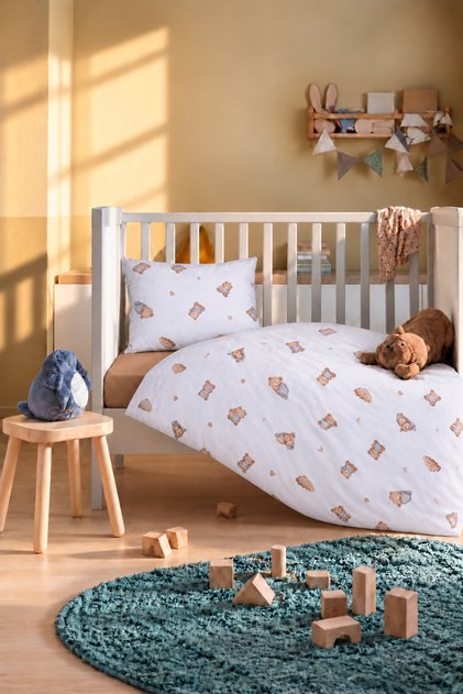 100% Cotton "Sleeping Bear" Teddy Bear Print Duvet Cover Set, 4-Piece Set (100x150)