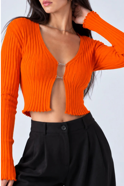Women's Cropped Knit Cardigan with Chain-Accented Detail at the Front