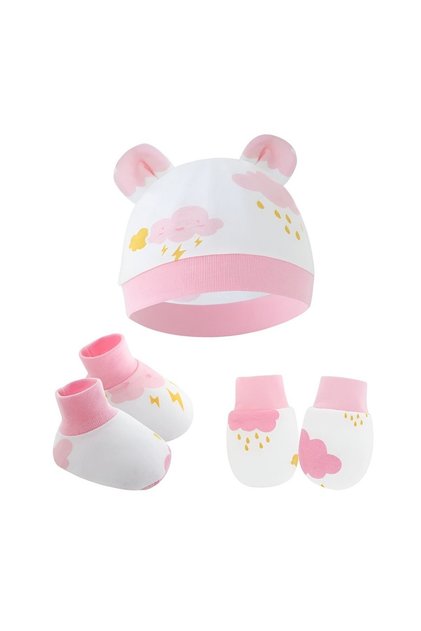 Cloud Print Hat, Booties, and Mittens – White