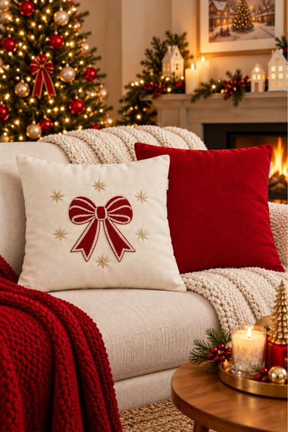 New Year's Themed Punch Embroidered 2-Piece Throw Pillow Cover Set | Zippered 42X42 cm | Modern Sofa Throw Pillow, Christmas Patterned, Decorative