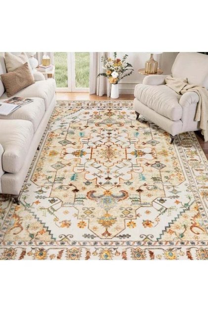 Boho Washable Runner Rug 120x160 cm, Non-Slip Vintage Floral Hallway Runner, Ultra Soft Low Pile Floor Carpet for Kitchen and Bedroom, Light Yellow