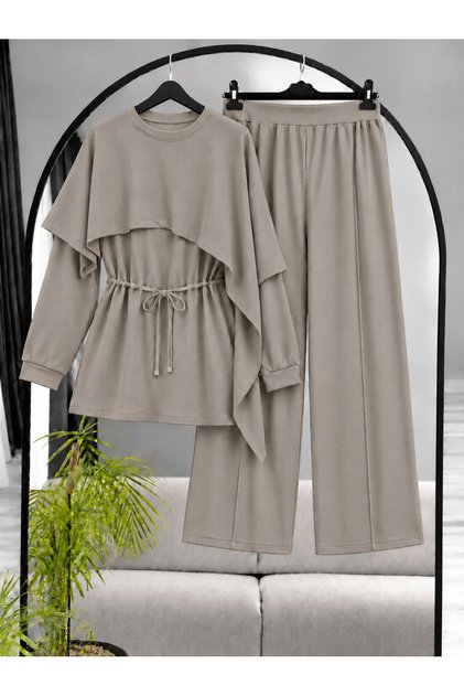 Asymmetrical Cape and Pants Suit - 3492 - taupe color