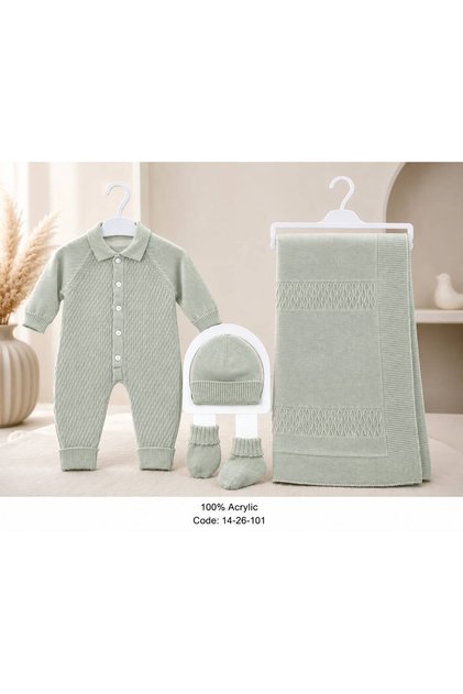 Newborn Baby 5-Piece Layette Gift Set Soft Knitted Romper Blanket Hat Mittens Socks - Light Green