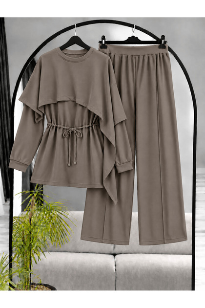 Asymmetrical Cape and Pants Suit - 3492 - Dark Taupe Color
