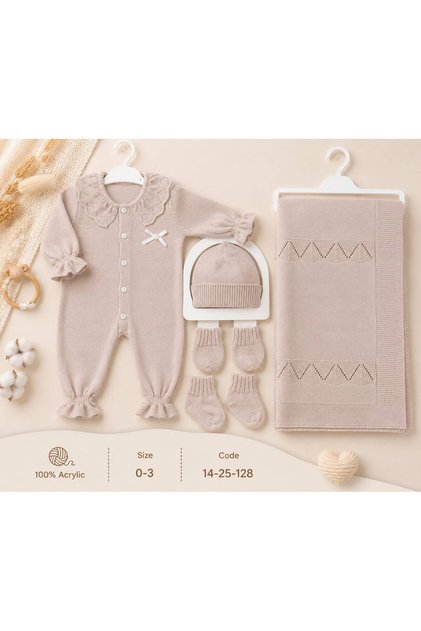 Newborn Baby Girl 5-Piece Knitted Soft Outfit Set (Overalls, Blanket, Hat, Gloves, Socks) - Beige Ruffle