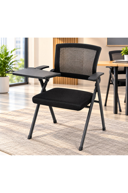 Modern Training and Lecture Chair Foldable with Side Writing Table, Study Chair with Comfortable Mesh Back, Padded Seat, Armrests and Durable Metal Frame, Ideal for Universities, Schools, Training Rooms, Meetings, and Offices