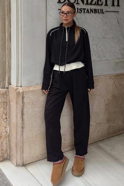 Black Ruched-Paneled Cardigan and High-Waisted Sweatpants Women's Top and Bottom Set