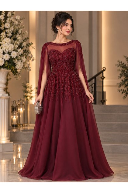 Royal Beaded Evening Dress Wine Red Gown with Sheer Cap Sleeves