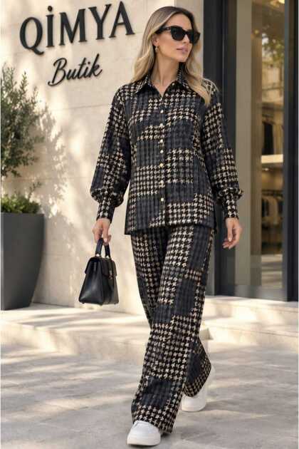 BEBE PLUS Women's Black Velvet and Gold Goose-Foot Pattern Shirt and Pants Two-Piece Set