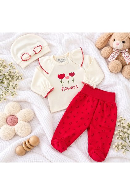 3-Piece Baby Set with Bonnet, Featuring a Flower Print