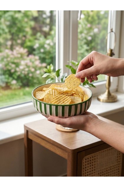 Modern Rhythm Series Aegean Green Pattern Bowl, Hand-Painted Decorative Serving Bowl, Ceramic, 15 Cm.