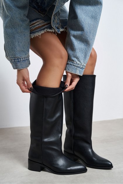 Harkas Black Matte Pointed Toe Block Heel Wide-Calf Women's Riding Boots