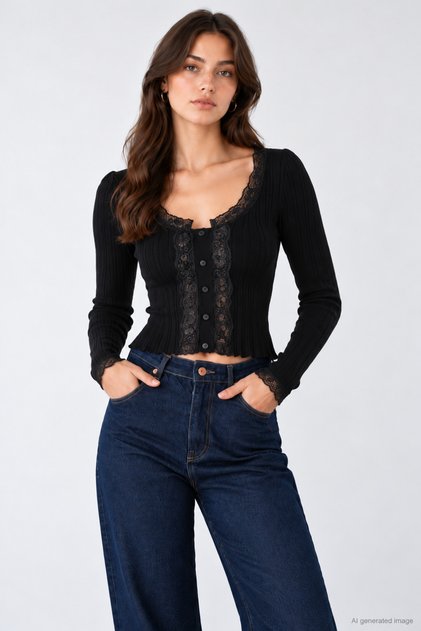 Women's Cardigan-Style Sweater with Lace Collar and Buttons
