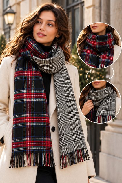 Chester | Women's Reversible Winter Shawl 75x180 cm – Black and Red Plaid and Black and White Houndstooth Patterned Tasseled Shoulder Shawl