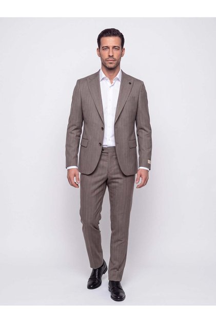 Brown Pointed-Collar Regular-Fit 6-Drop Striped Suit