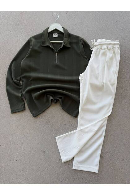 Men's Winter Khaki and White Sweatpants Set with Half-Zip