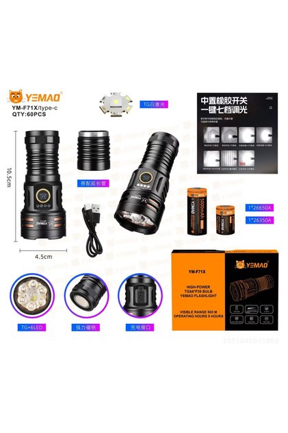 Lanternă tactică YM-F71X, 2000 lumeni, 250 m, Type-C, IP55