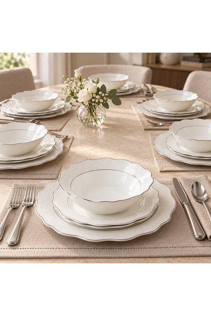 White Pearl Patterned and Wavy Edge Dinnerware Set - 24 Piece for 6 People