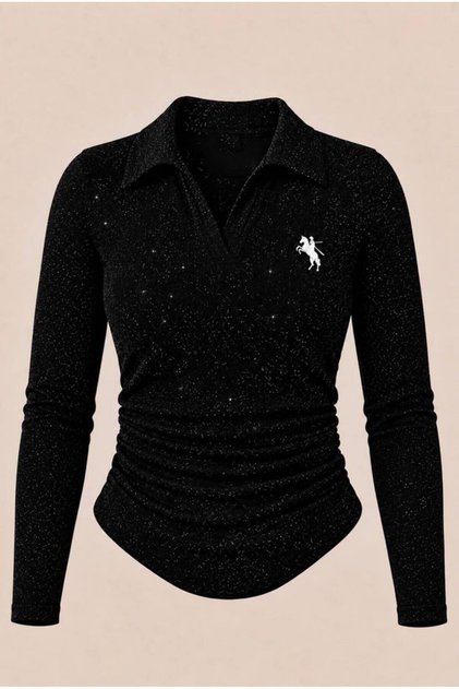 Polo Collar Blouse with Silver Embroidery and Ruffled Details