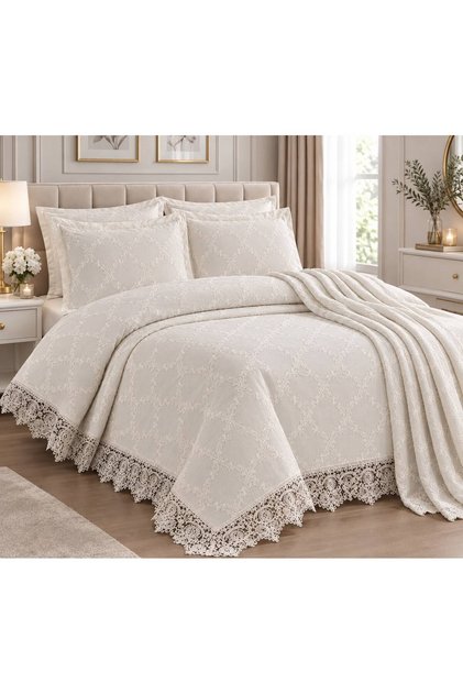 French Guipure Chenille Double Bedspread Set, 3 Pieces, Magnolia.