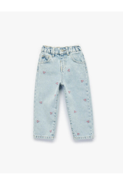 Cotton Bowknot Embroidery Detailed Blue Baby Girl Jean Trousers 7Wmg40001Ad