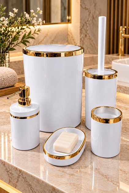 5-Piece Bathroom Set, Acrylic Trash Can, Toilet Brush Holder, Liquid Soap Dispenser, Toothbrush Holder, Hand Soap Dispenser, Gold Color Details