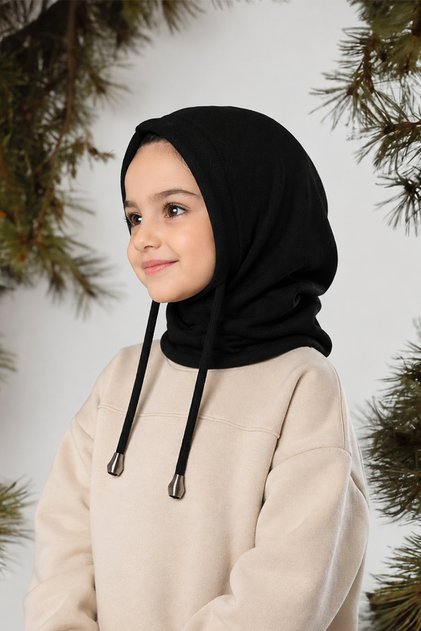 Black Youth Lace-Up Balaclava Beanie with Neck Warmer, Plain Knit, 2325_01.